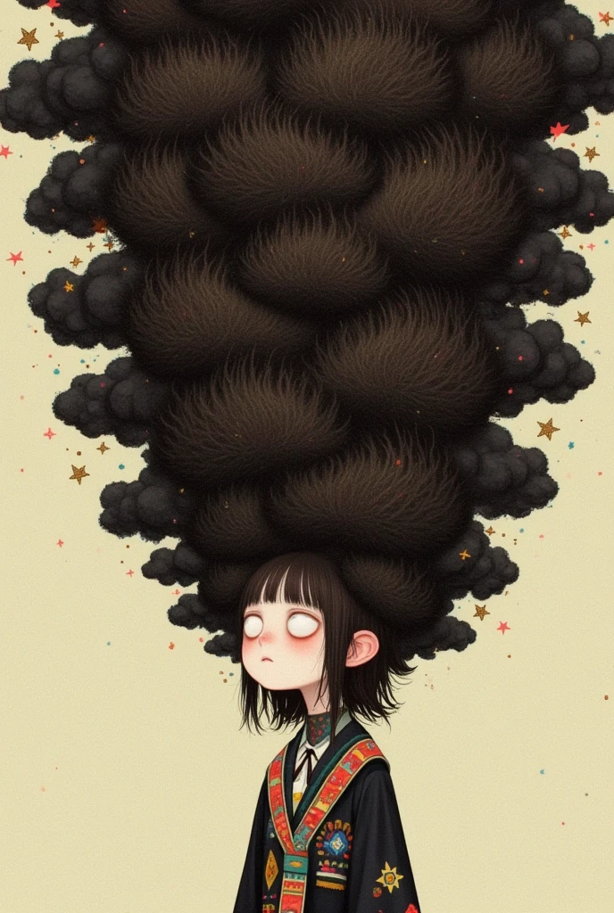  has a cartoon image of a girl with a huge hairstyle, Ghibli Tom Bagshaw, Hair like dark clouds, Hair monster,  Loish Van Baalle, endless brunette , Gorgeous hair,  cute detailed digital art ,  Tom Bagshaw style , Inspired by Nicoletta Ceccoli , Black-haired girl, author：Eddie Mendoza,  Inspired by Darek Zabrocchi 