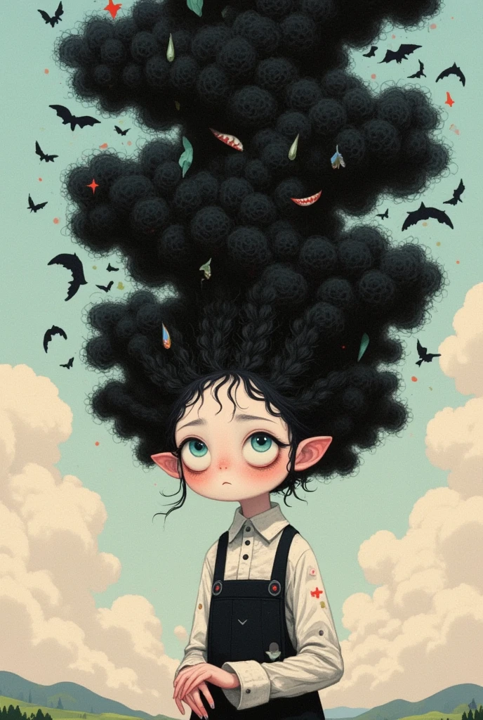  has a cartoon image of a girl with a huge hairstyle, digital art inspired by nicoletta ceccoli, ArtStation,  pop surrealism, Ghibli Tom Bagshaw , Hair like dark clouds, Hair monster,  Loish Van Baalle, endless brunette , Gorgeous hair,  cute detailed digital art ,  Tom Bagshaw style , Black-haired girl