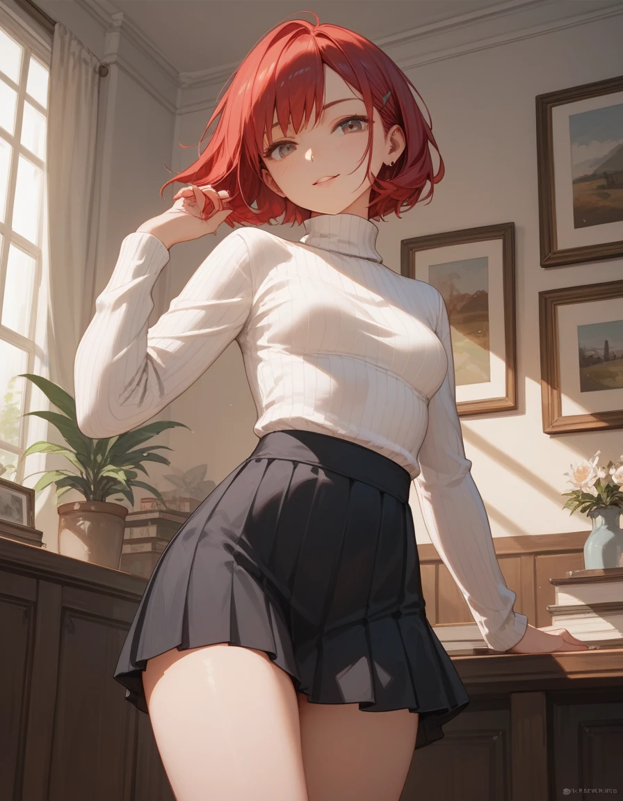 (masterpiece, best quality, long shot), 1 woman, 29 years old, small breast, red bob hair, white turtleneck sweater, black skirts, in her room