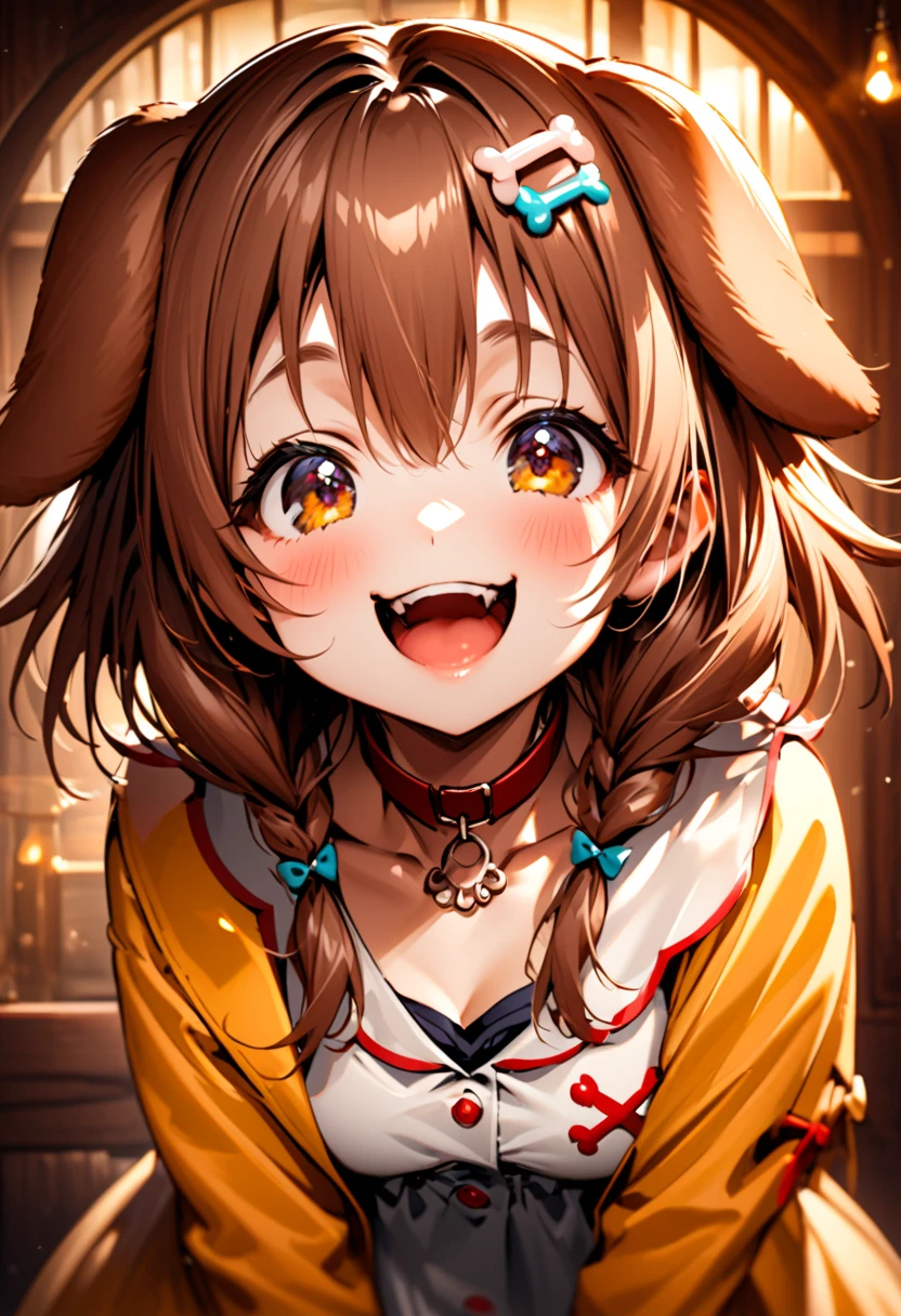 korone looking at the viewer. she has a happy face, her eyes sparking with joy and her mouth opened with a big smile. she has droopy dog ears on her head. half body, warm lighting for the adorable and whimsical mood.