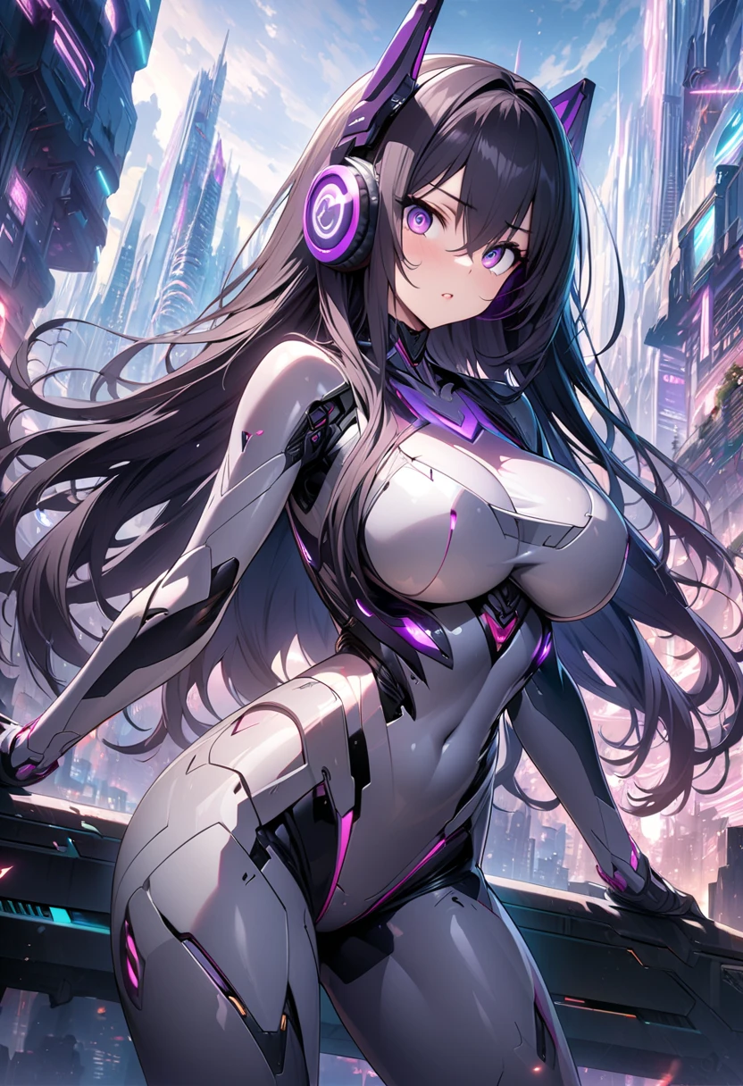 Masterpiece, (highly detailed CG illustration), Robot woman,posing,large breast,purple eyes,sharp eyes,black straight longhair,headphone,gray robot body,futuristic city in background,cowboy shot