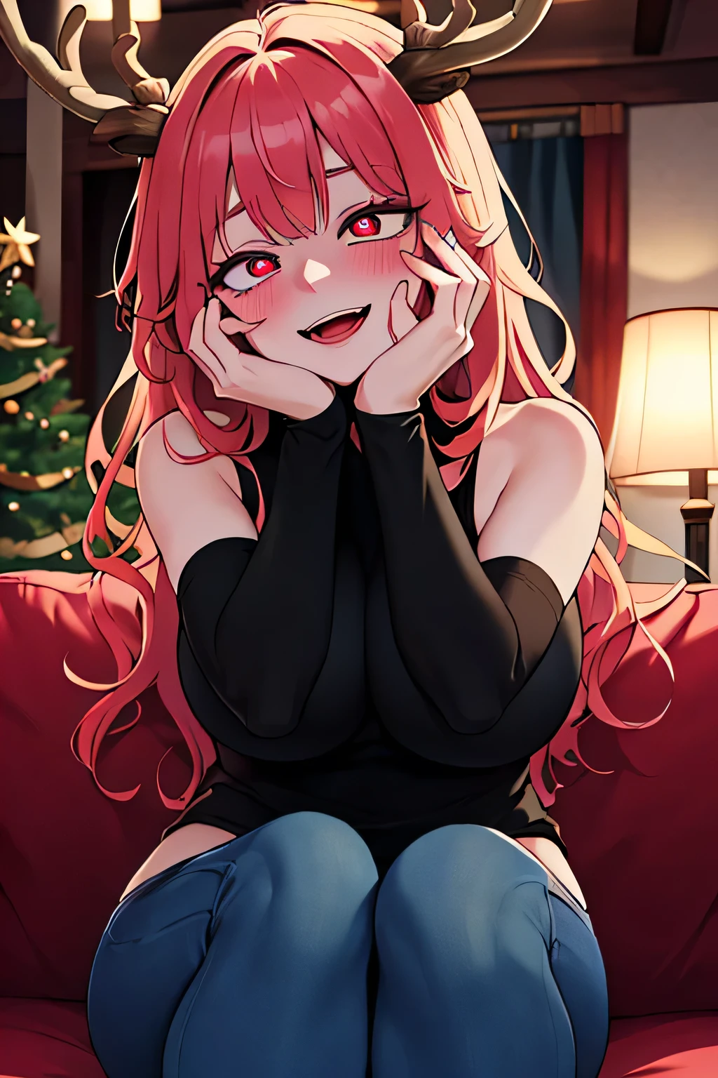 , Masterpiece, Best Quality, Hi-Res, source_anime, (good_hands:0.9) , 1girl, dark red eyes, yandere trance, yandere, crazy eyes, evil expression , crazy smile, red coloured hair, curly long hair, deer antler , sleeveless black sweater, blue jeans, big breast, curvy body, High Contrast Glossy Oily Skin, Christmas tree, living room, hands on cheeks, sit on couch, from front.sit, looking at viewer, dramatic shadows, cinematic lamp lighting, (light particles:0.8),yandere trance, yandere, hands on own cheeks, hands on own face, crazy eyes, crazy smile, heart-shaped pupils, glowing eyes, symbol-shaped pupils, open mouth, glowing, blush, looking at viewer,masterpiece, best quality, very aesthetic, absurdres, newest