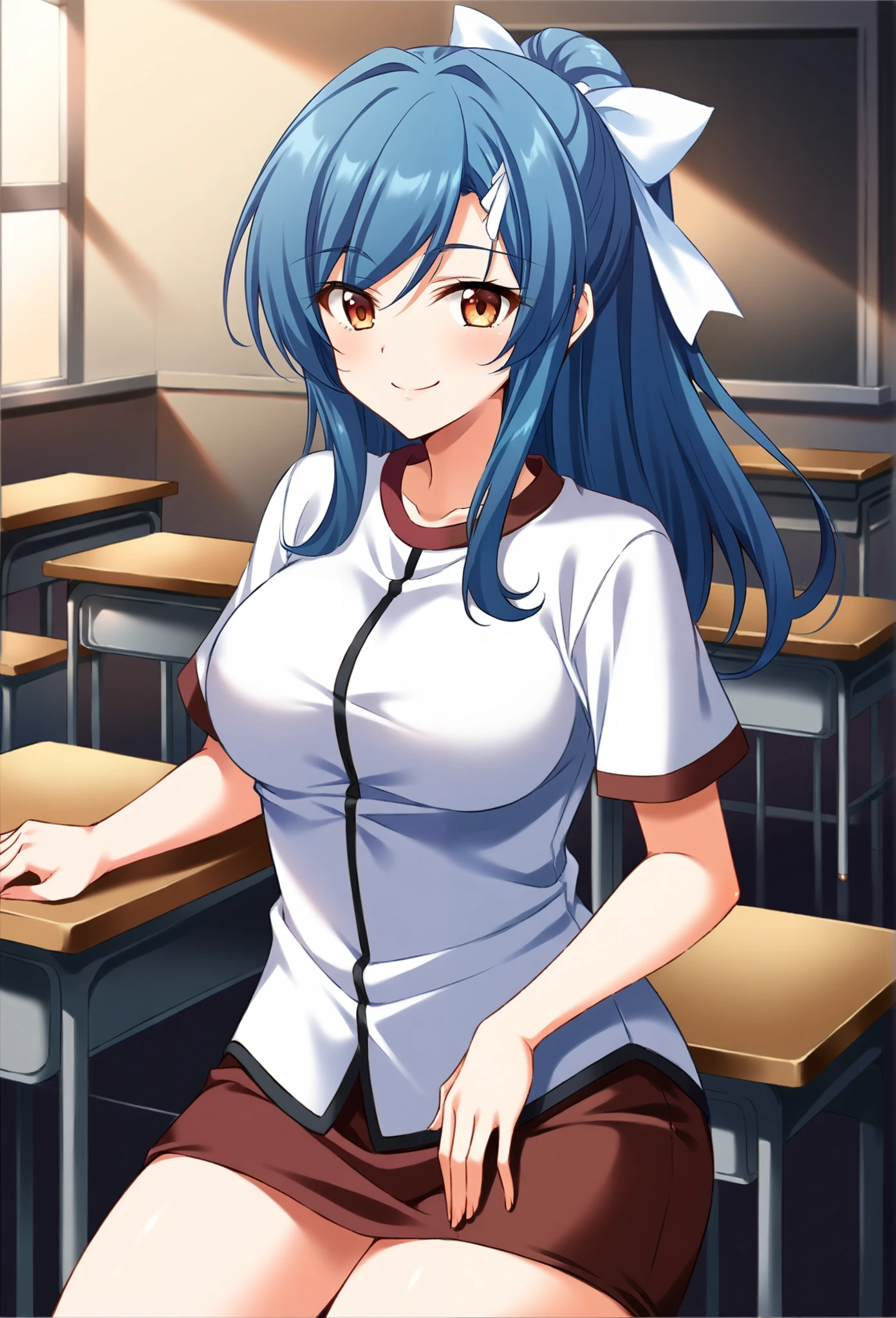 , 1 royal sister , Ponytail, Blue Hair,  Amber Eyes , Head with big white bow headband, Premium body,shirt ，Short skirt，Black Silk， Smile,  classroom,  unique , bare ， View audience ,