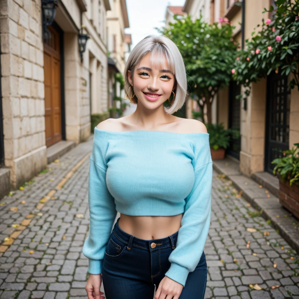 (1 Japanese beauty lady with silvery white hair, short bob cut, bang between eyes, BREAK (glossy silver eyes:1.5), (beautiful eyes, twinkle eyes), (large breasts), beautiful face, beautiful, good anatomy, long eyelashes, expressive eyes, small mouth, Perfect Hands, glossy lips, embarrassed, (glossy silver eyes:1.2), BREAK 1lasy, the lady in a cozy off-shoulder light blue sweater, showcasing a toned midriff and fitted black pants with lace-up details on the side, wearing dark-brown leather lace-up boots, The background features a soft, pastel pink gradient, enhancing the dreamy aesthetic. The scene is hyper-realistic, highlighting details like the texture of the sweater and the smoothness of her skin. Delicate gold hoop earrings glint subtly, contributing to the chic vibe. she is walking pavement with happy smile, scenery, BREAK (masterpiece, best quality), BREAK (score_9, score_8_up), source pony, rating_explicit,