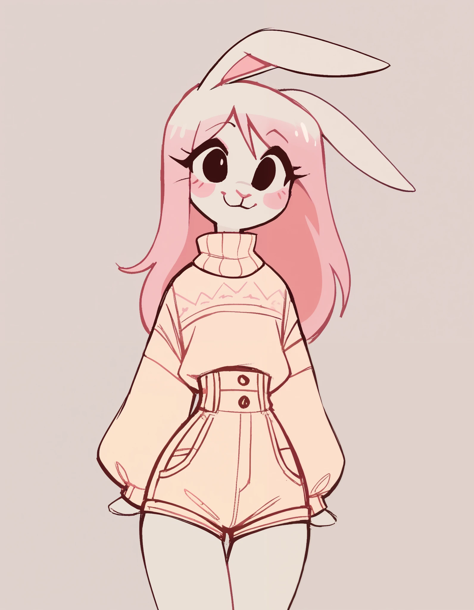 stkyswt, sketch, flat color, score_9,score_8_up, score_7_up, Best quality , Very detailed illustration, (Anthropomorphic furry rabbit boy:1,7) , tousled voluminous hair, Playful look, Slim, ideal body, thin waist, wide hips, Simple drawing, Artifyber style, pastel flat colors, Cute, cartoon, sweater, short shorts