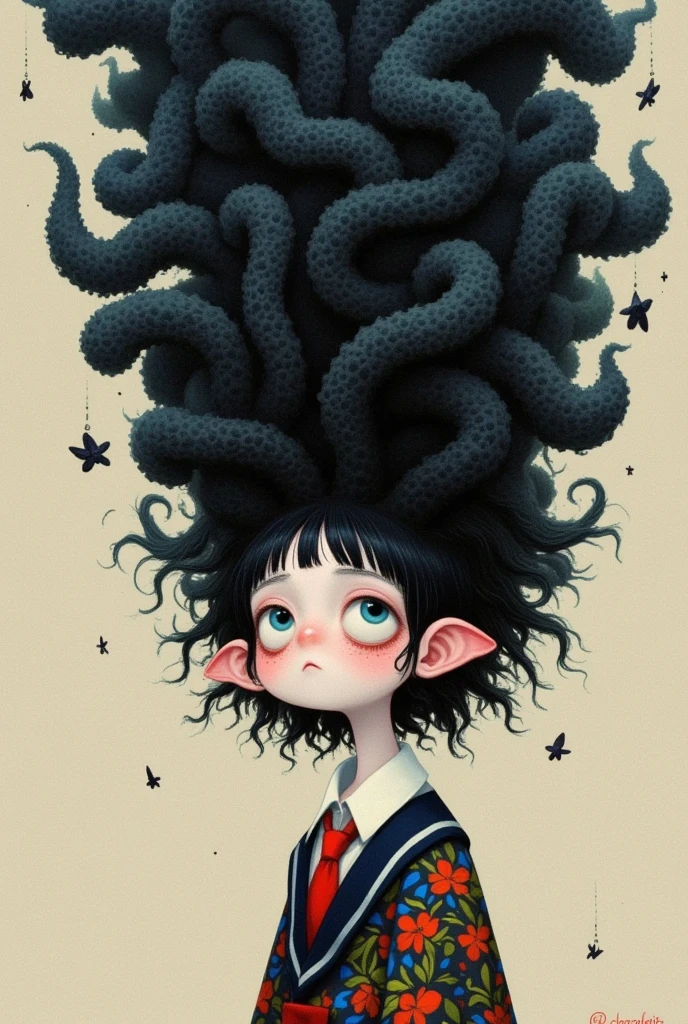  has a cartoon image of a girl with a huge hairstyle, Hair like dark clouds, Hair monster,  Black-haired girl