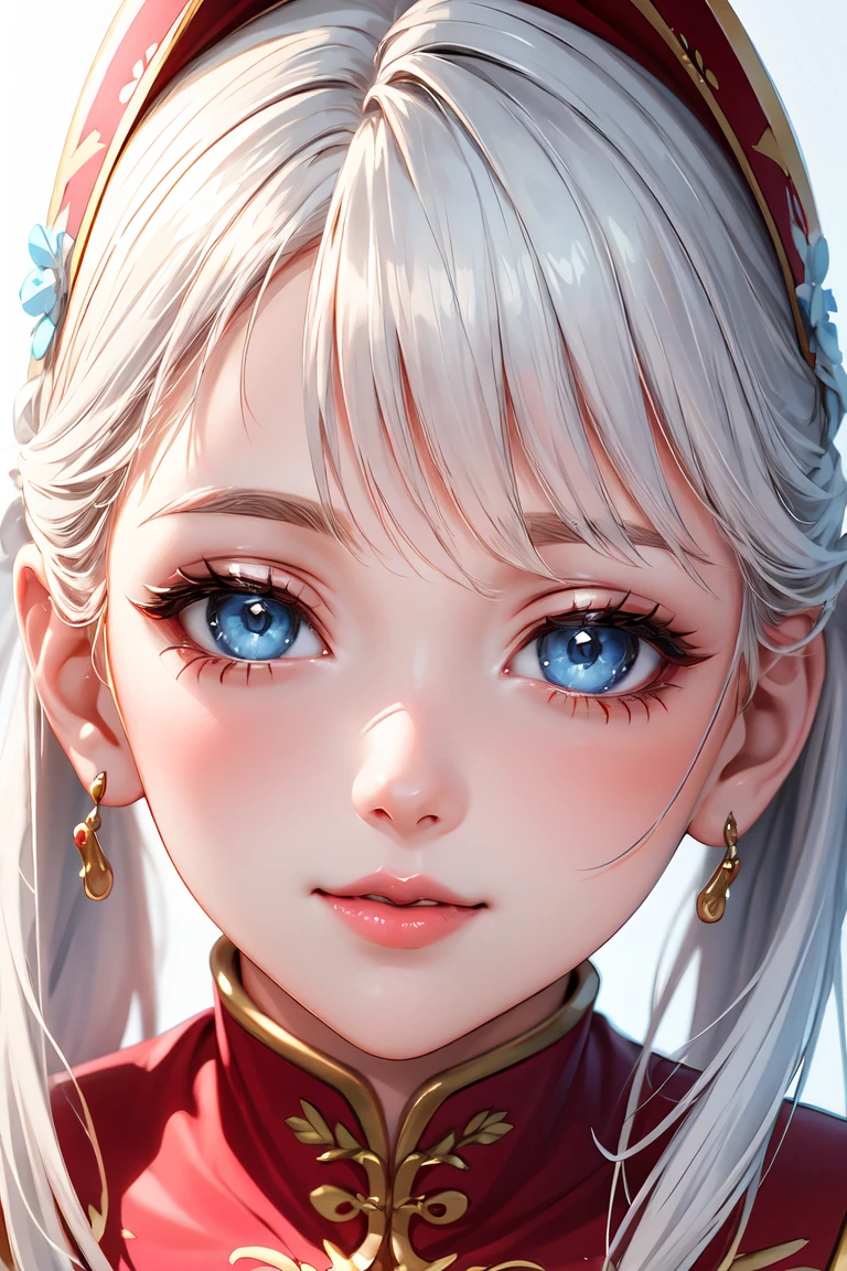 Masterpiece, super-high-resolution, cute girl, half-body, Chinese ancient style, gray long hair, red kimono, flowing long hair, double ponytail, flower embellishment, blue eyes, hairpin, cute little loli, cute cute cute, thick paint, gentle smile, holding a fan