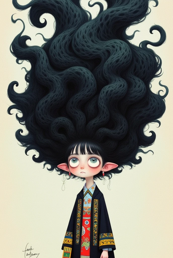  has a cartoon image of a girl with a huge hairstyle, Hair like dark clouds,  Black-haired girl