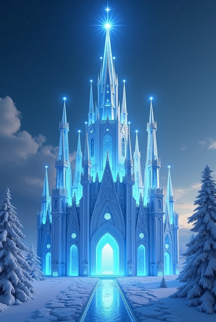 (( RAW photo), absurdo, (absurdoresolution)),  masterpiece ,  better quality , ( Extremely detailed 8k unity CG wallpaper), ( best illustration ), ( best shadow), The image shows a majestic ice castle located in a fantasy winter landscape . Next,  I describe the details : The castle:  The central structure of the castle is made of a crystalline material that reflects light as if it were pure ice.  It has several towers of different heights , , each crowned with a pointed roof that seems to shine with bluish flashes . The main tower , in the center,  is the tallest and is illuminated by a bright star directly above it , , which gives the impression that it is connected to the sky . .} Decorative windows and arches adorn the walls of the castle , , transmitting a Gothic and magical architectural style . The environment: The castle está rodeado de un terreno lleno de cristales y estructuras que simulan carámbanos gigantes,  as if nature itself would have been molded to complement the design of the castle .  The ground reflects the sky and the crystals ,  giving the impression that it is an icy surface or frozen water . The sky: The sky nocturno está repleto de estrellas brillantes,  some of which seem to form lines of light that converge on the castle .  A blue and white glow surrounds the entire scene ,  as if there were an aurora borealis in the background .  Lighting details :  The light in the scene seems to emanate from multiple sources ,  like the main star above the castle and the glare reflected in the glass structures .  There are flashes of light on the edges of the glass and the castle , , which gives it an ethereal and magical appearance . The environment: The environment general evoca una sensación de misterio y belleza sobrenatural.  It looks like a place straight out of a fairytale or an enchanted kingdom .