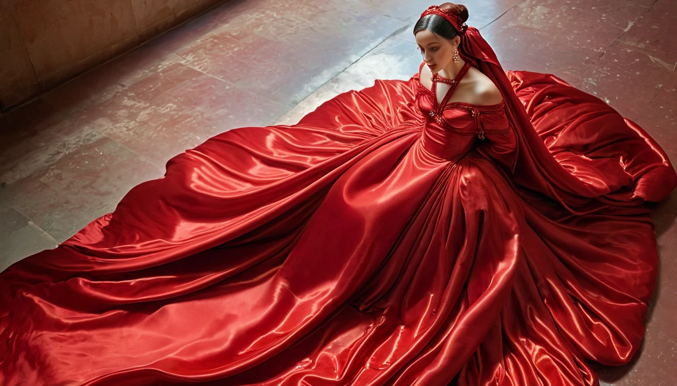 a sexy a woman covered in large red satin cloth, tied tightly with the satin cloth, mummified, the satin hanging down very long, a mermaid style dress, wearing a satin hijab, the satin cloth is very long, forming the curve of the body, flowy satin about 4 meter,full body,masterpice, 4k resolution, ultra-realistic, highly detail.