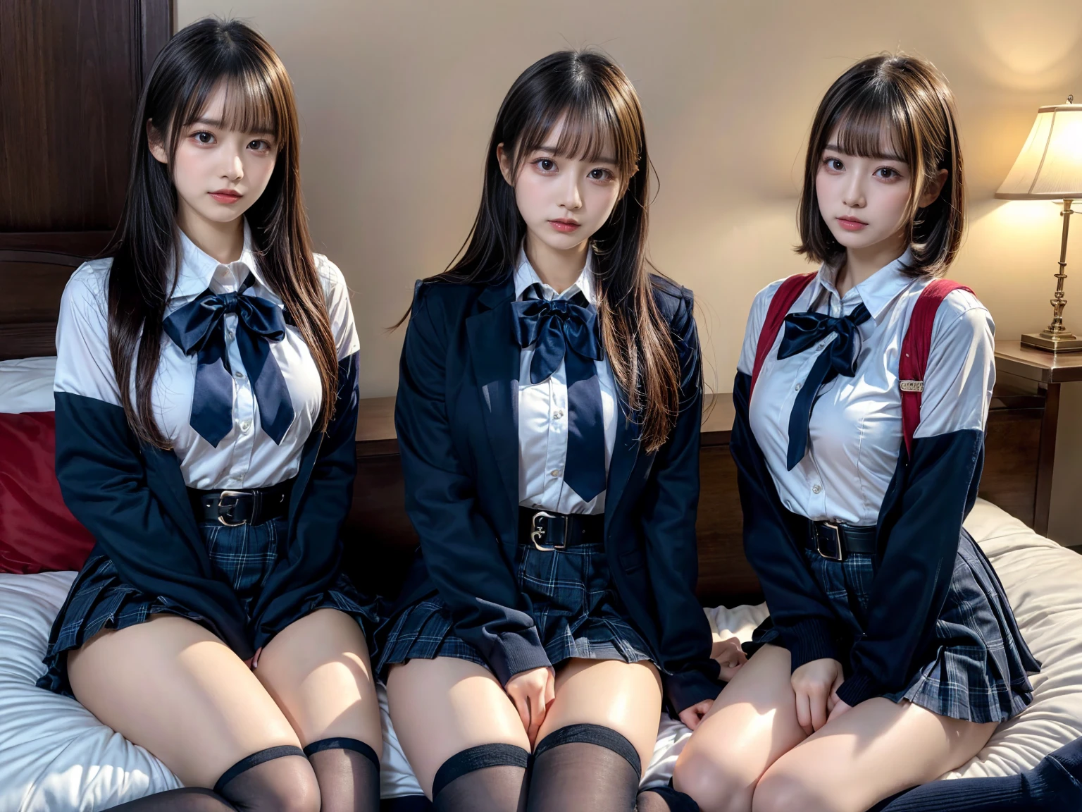 (8K, Raw photography, top-quality, masterpiece:1.2), master piece, best quality, illustration, Super detailed, fine details, High resolution, 8K,wall paper, perfect dynamic composition,(Details High quality, realistic depiction of eyes:1.3), ((2 girls, 2 schoolgirls)), The background is a luxury hotel room、High school girl uniform、blazer 、Super Short Check Uniform Skirt、Navy blue high socks、garterbelts、Colossal tits、Disturbed uniform, Play with each other,Touching each other's bodies,Touching the body of the girl next door, short bob hair, black hair color, huge breasts, Big Natural Color Lip, bold sexy pose, (perfect body shape), crying a little、cold gaze, Beautiful makeup,glitter makeup,Cutest 18 years old, beautiful legs, hposing Gravure Idol, Voluptuous thighs