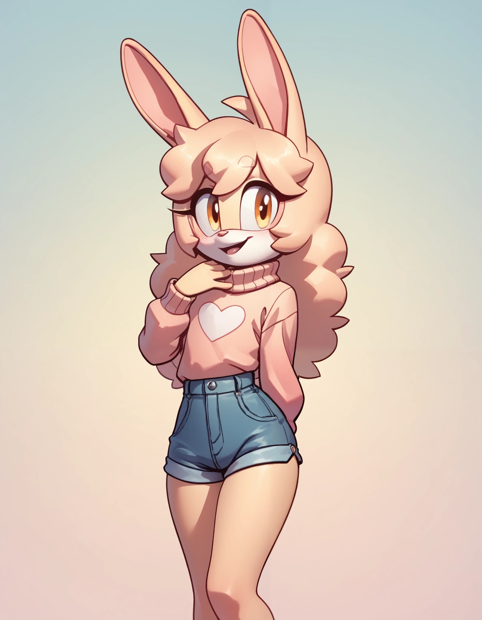 evnstnly, score_9,score_8_up, score_7_up, Best quality , Very detailed illustration, (Anthropomorphic furry rabbit boy:1,7) , tousled voluminous hair, Playful look, Slim, ideal body, thin waist,  wide hips, Simple drawing, Artifyber style, pastel flat colors, Cute, cartoon, sweater, short shorts