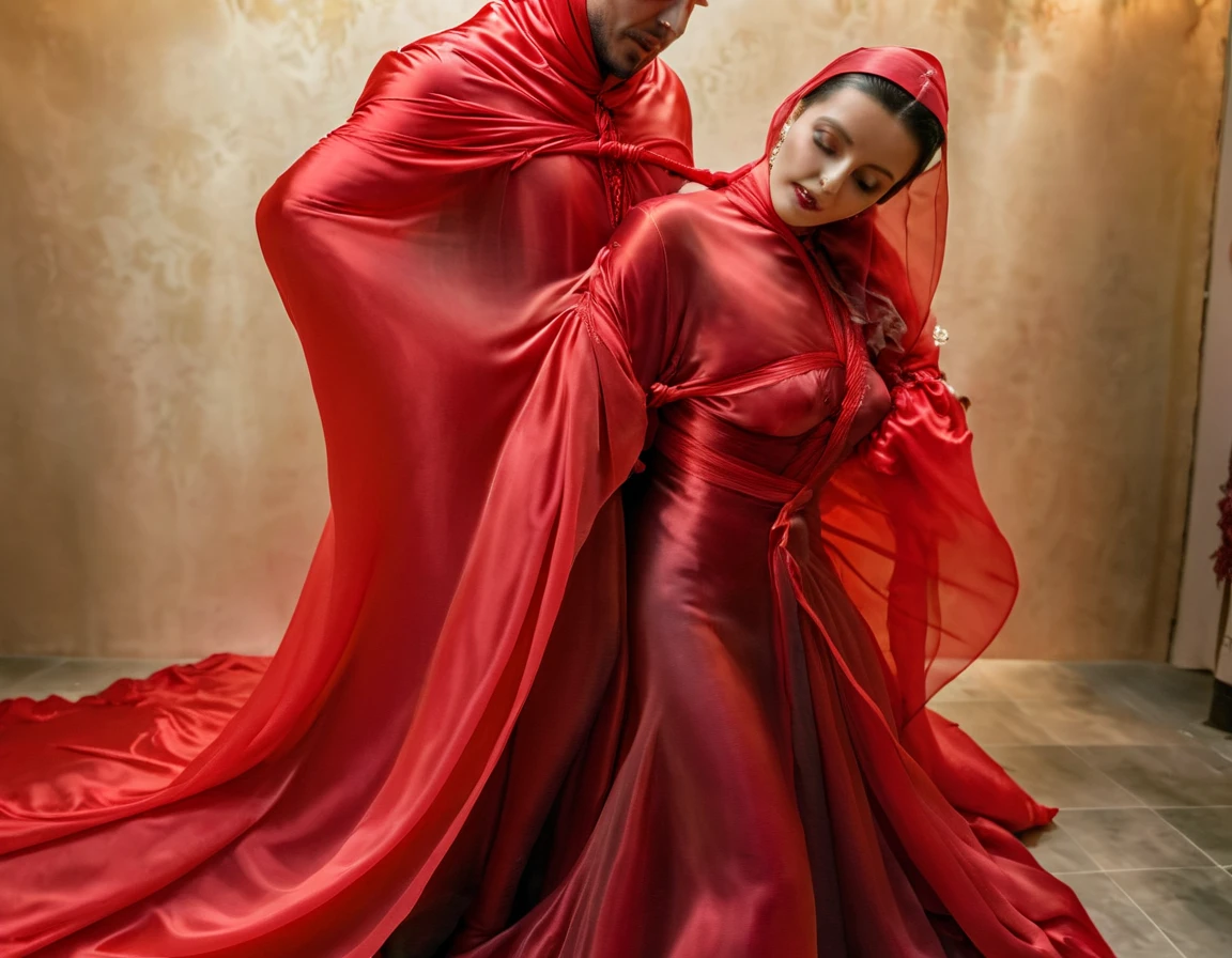 A man with suit hug and grab a woman breast who shrouded in a 10-meter-long, plush red semi transparent silk cloth, slim body with big breast, tightly bound and grandly draping along the form of her body, flowing off into a pooled floor-length train, styled in a mermaid-inspired outfit, her head modestly veiled in a silk satin hijab,a man hug from behind, tall woman, strugle to move, tight outfit, standing in kitchen, a full-body pose conveying a sense of mysterious elegance, captured in a 4k resolution, ultra-realistic