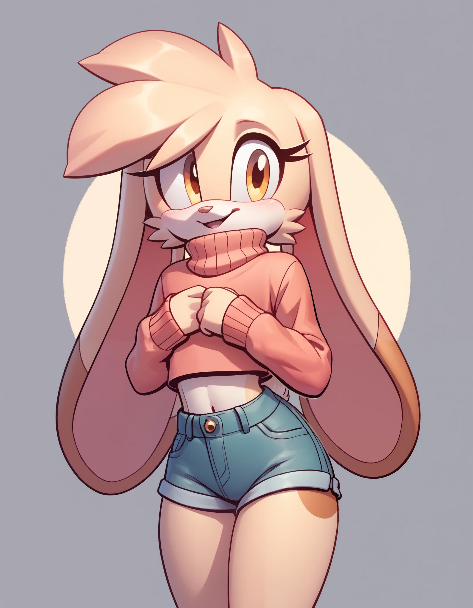 evnstnly, score_9,score_8_up, score_7_up, Best quality , Very detailed illustration, (Anthropomorphic furry rabbit boy:1,7) , tousled voluminous hair, Playful look, Slim, ideal body, thin waist,  wide hips, Simple drawing, Artifyber style, pastel flat colors, Cute, cartoon, sweater, short shorts