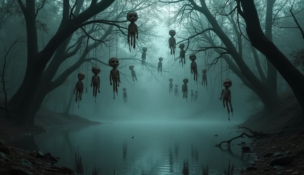 Dark and mysterious images of the Island of the Dolls, with dolls hanging from trees and others damaged.