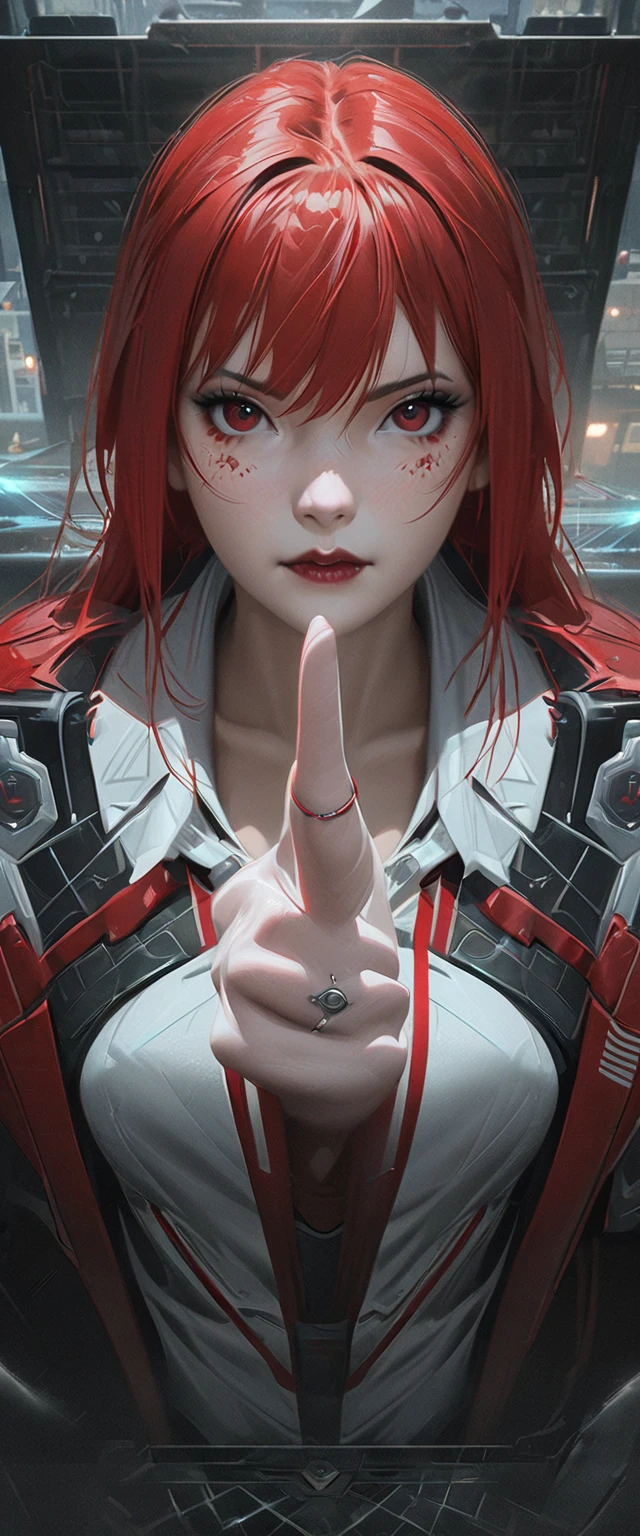 anime girl with red hair and black and white shirt and tie, her hands are red roots, with index finger, detailed digital anime art, artwork in the style of guweiz, rings asuka iwakura station game, anime realism style, guweiz masterpiece, anime realism, 8k high quality detailed art, guweiz