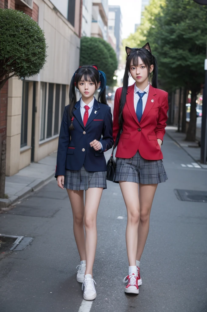 a beautiful girl ,baserika, twintails, long hair, hair ribbon, red eyes
collared shirt, blue necktie, blazer, plaid skirt, bike shorts, shorts under skirt, sneakers,standing in downtown city at afternoon time, closeup-body .