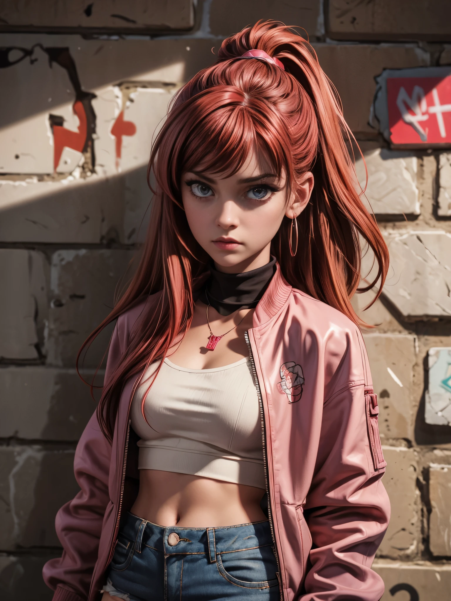 (masterpiece, best quality, 1 girl, solo, intricate details, chromatic aberration), realistic, ((medium breath)),long hair, red hair, red decoration on the head, pink highlights, amber eyes, earrings, sharp eyes, necklace, neon shirt, ripped shorts, unbuttoned jacket, turtleneck, night, against the wall, brick wall, graffiti, dim lighting, alley, look at the viewer