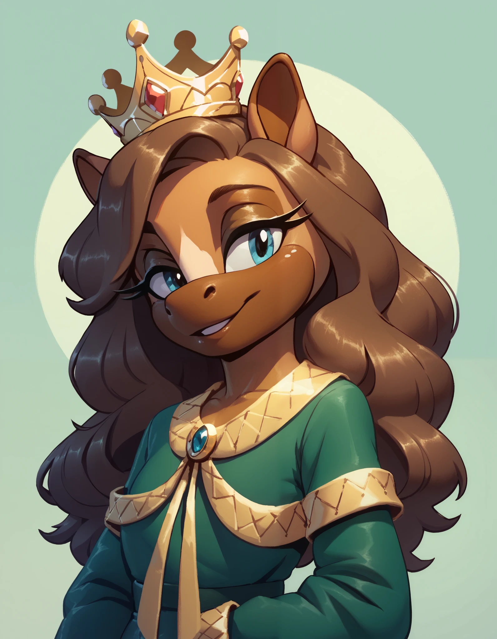 evnstnly, solo, anthropomorphic horse, 1 girl, furry female, furry horse, light brown fur, blue eyes, long snout, dark brown mane, green clothes with large yellow stripe, crown,