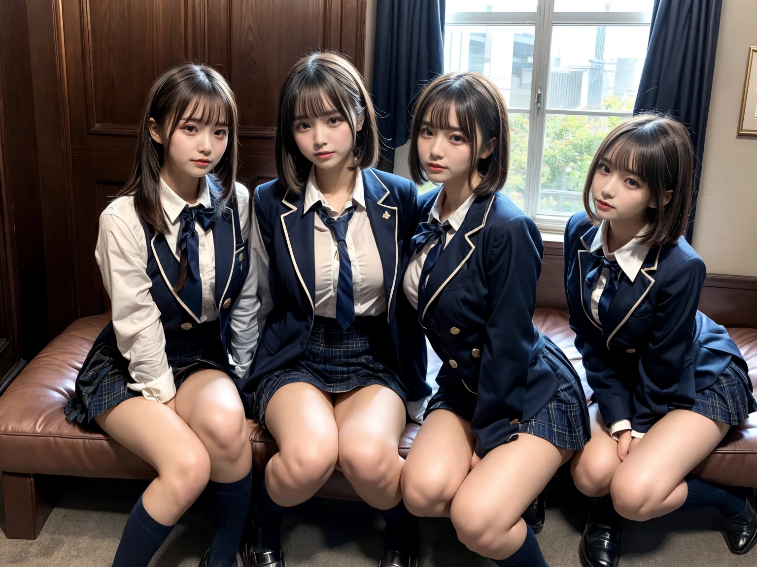 (8K, Raw photography, top-quality, masterpiece:1.2), master piece, best quality, illustration, Super detailed, fine details, High resolution, 8K,wall paper, perfect dynamic composition,(Details High quality, realistic depiction of eyes:1.3), ((2 girls, 2 schoolgirls)), The background is a luxury hotel room、High school girl uniform、blazer 、Super Short Check Uniform Skirt、Navy blue high socks、garterbelts、Colossal tits、Disturbed uniform, Play with each other,Touching each other's bodies,Touching the body of the girl next door, short bob hair, black hair color, huge breasts, Big Natural Color Lip, bold sexy pose, (perfect body shape), crying a little、cold gaze, Beautiful makeup,glitter makeup,Cutest 18 years old, beautiful legs, hposing Gravure Idol, Voluptuous thighs