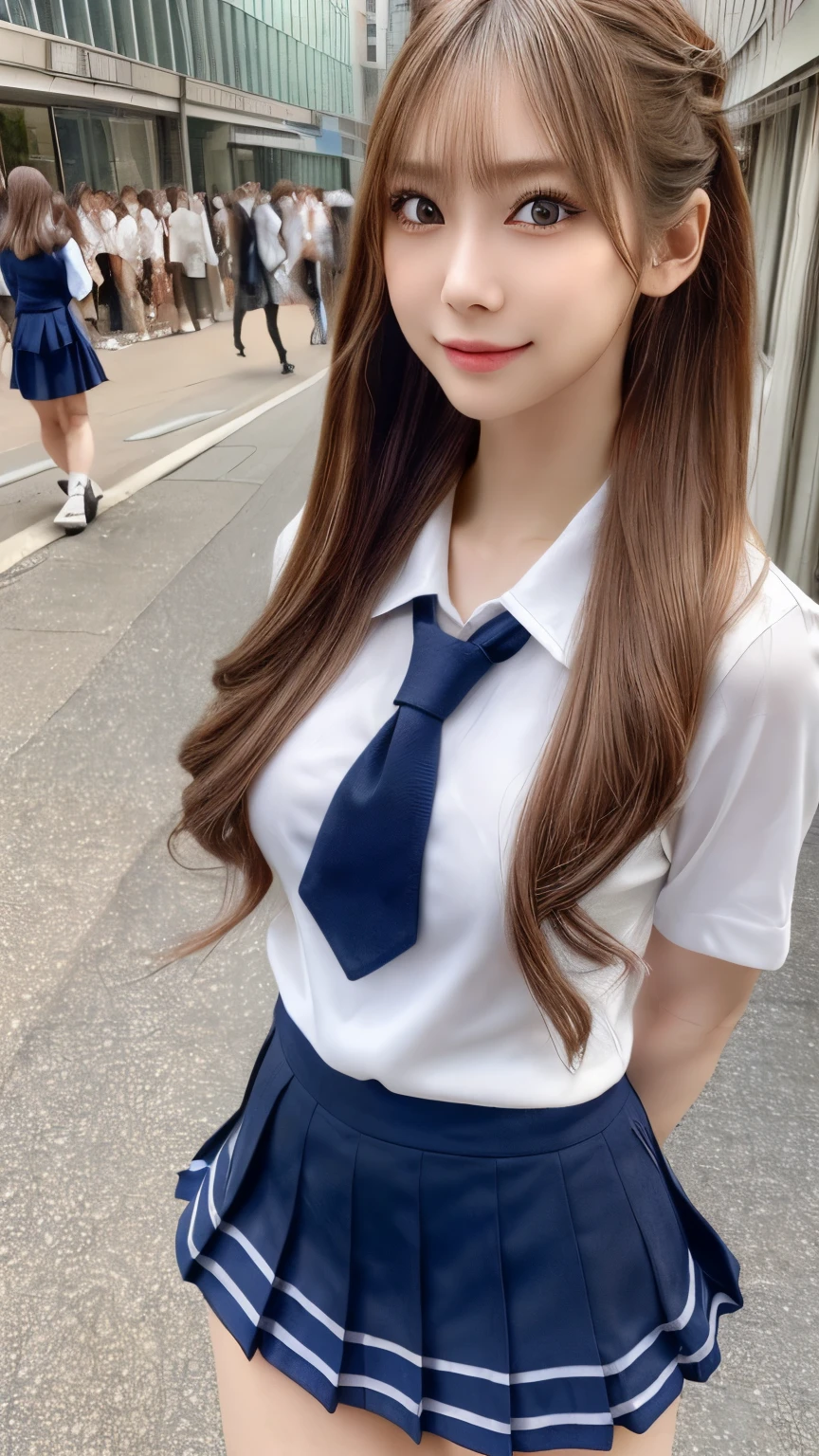 (8k, RAW photo, best quality, masterpiece:1.2), (realistic, photo-realistic:1.4), (extremely detailed 8k wallpaper), sharp focus, depth of field, bocinematic lighting, soft light, detailed beauty eyes,shiny smooth light brown long bob hair, asymmetrical bangs, shiny skin, super detailed skin ,high resolution, high detailing, detailed hairstyle, detailed beauty face, hyper realistic, perfect limbs, perfect anatomy ,1 japanese girl,famous Japanese idol, perfect female body, large breasts,smile,short eyelashes,double-edged eyelid,long bob hair, (school uniform:1.3),(miniskirt navy miniskirt), looking at viewer, (Crowded city streets:1.3),cowboy shot