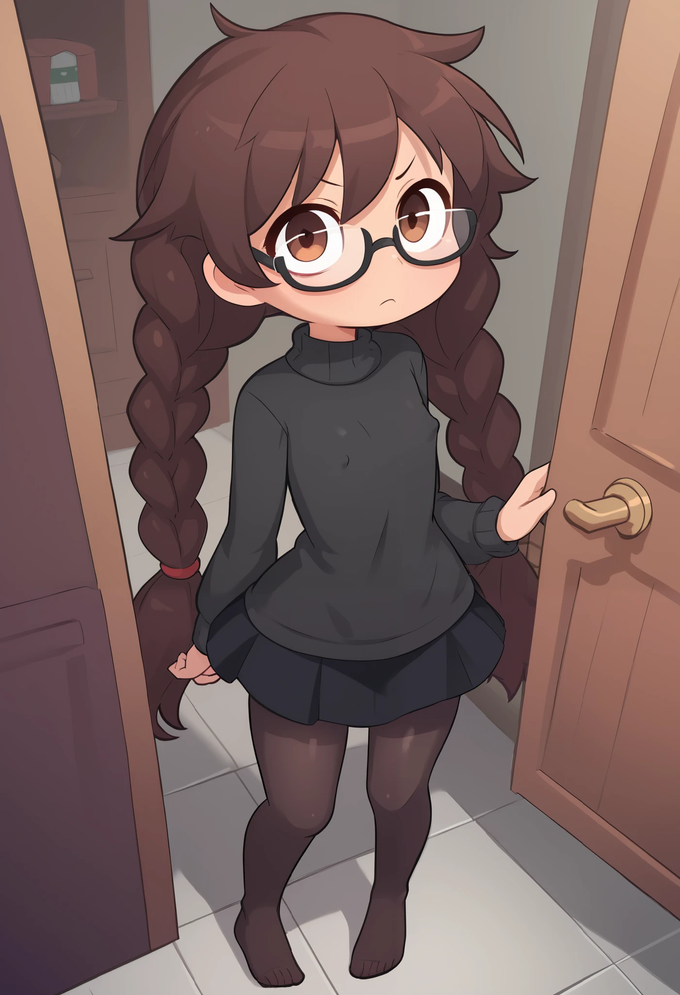 Small girl, young, full body, (solo 0.6), dark brown hair, braids, twintails, messy braids, puffy hair, messy hair, very long hair, brown eyes, skinny body, skinny legs, slender body, thin waist, flat chest, indoors, (solid black sweater 0.9), black sweater, solid black skirt,  black clothing, medium length skirt, knee length skirt, black pantyhose, glasses, opening door, suspicious, pov, looking up at you, big eyes, hard erect nipples, cute,