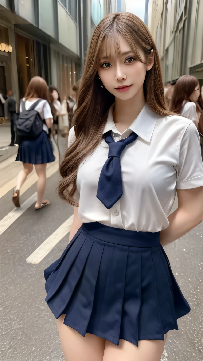 (8k, RAW photo, best quality, masterpiece:1.2), (realistic, photo-realistic:1.4), (extremely detailed 8k wallpaper), sharp focus, depth of field, bocinematic lighting, soft light, detailed beauty eyes,shiny smooth light brown long bob hair, asymmetrical bangs, shiny skin, super detailed skin ,high resolution, high detailing, detailed hairstyle, detailed beauty face, hyper realistic, perfect limbs, perfect anatomy ,1 japanese girl,famous Japanese idol, perfect female body, large breasts,smile,short eyelashes,double-edged eyelid,long bob hair, (school uniform:1.3),(miniskirt navy miniskirt), looking at viewer, (Crowded city streets:1.3),cowboy shot