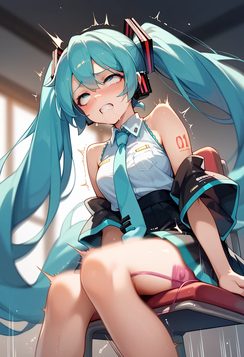  hatsune_miku highres translated 1girl black_shirt black_skirt black_sleeves black_thighhighs blue_eyes blue_hair blue_necktie blush breasts collared_shirt detached_sleeves feet_out_of_frame hair_between_eyes headset long_hair long_sleeves looking_at_viewer medium_bangs miniskirt necktie no_nipples no_pussy number_tattoo open_mouth shirt shoulder_tattoo skirt skirt_around_one_leg sleeveless sleeveless_shirt small_breasts solo spread_legs tattoo thighhighs tie_clip twintails very_long_hair white_background nipples wet