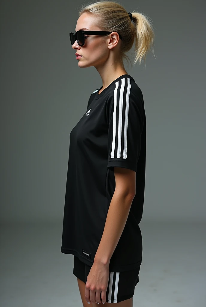WOman with black tank top and matching pants, sexy girl with blue eyes, sophie mudd , Corinna Kopf , blonde hair and big eyes, ohne Makeup, natural makeup, Face with Artgram, subtle makeup, Stunning full body photo, big , blonde, latin, playing soccer