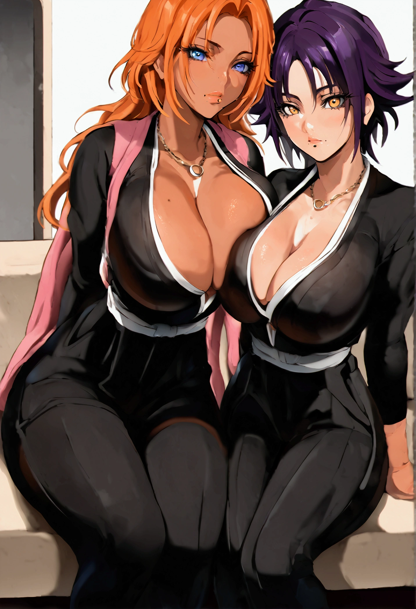 Mamimi style, 2girl, Yorouichi, tan skin, purple hair in a long ponytail, yellow eyes, pert butt, slim fit body, Rangiku, short hair, orange hair, blue eyes, hair between eyes, mole under the mouth, necklace, both wear black robes, cleavage, pink scarf, large breasts, white sash, black hakama pants, show cleavage, sitting down, hands on breasts, 2 girls only side by side, girl sandwich, breasts pressed together, symmetrical docking, couch, big breasts