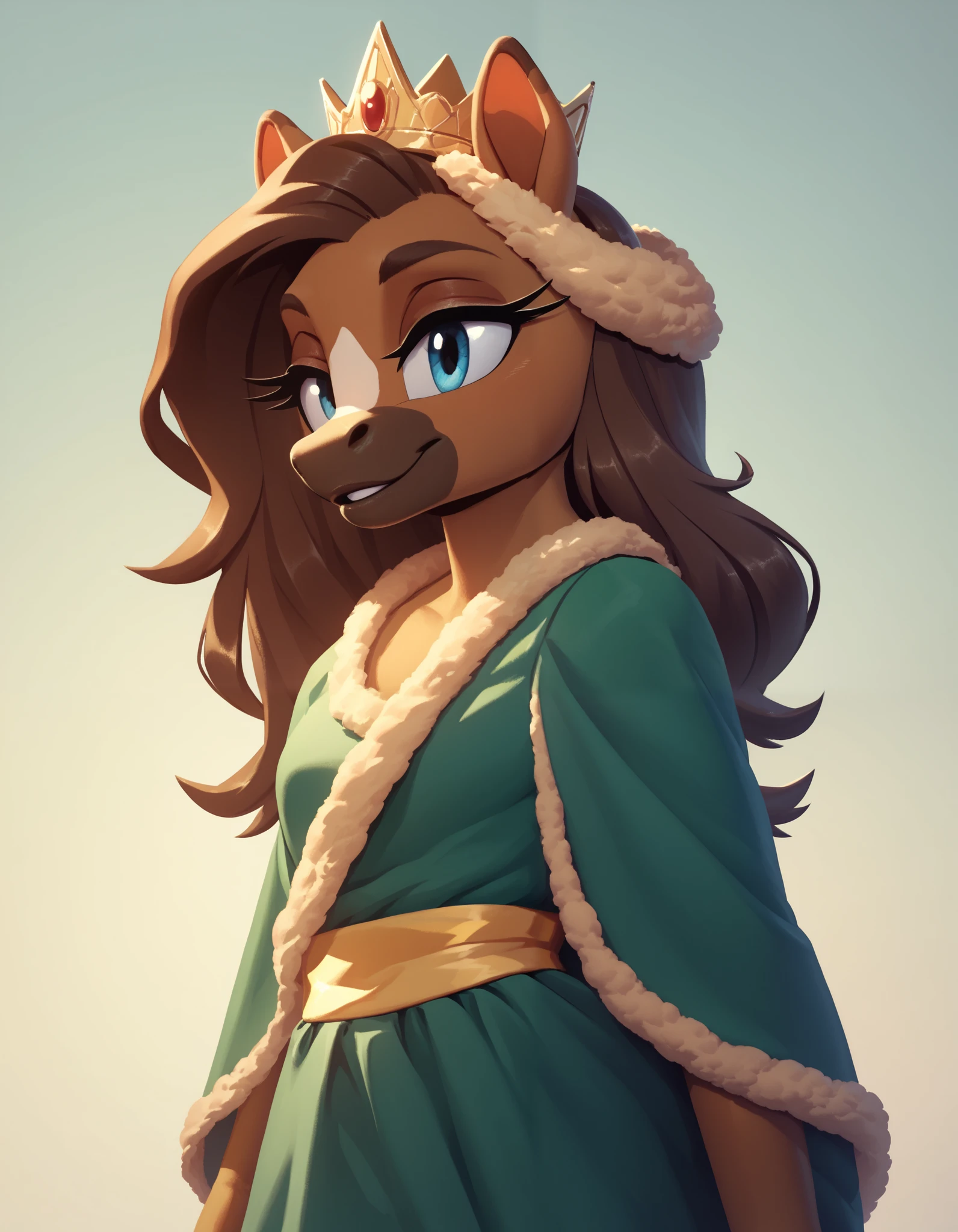 evnstnly, solo, anthropomorphic horse, 1 girl, furry female, furry horse, light brown fur, blue eyes, long snout, dark brown mane, green clothes with large yellow stripe, crown,