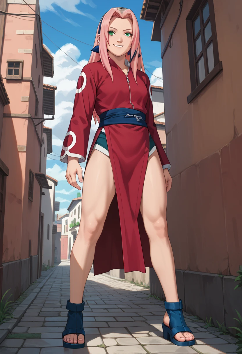 masterpiece, best quality, 1girl,haruno sakura, pink hair, long hair, green eyes, forehead protector, smile, standing, blue sky, cloud, hidden village alley, perfect body, beautiful body, beautiful legs, sexy legs, shinobi sandals, full body, 