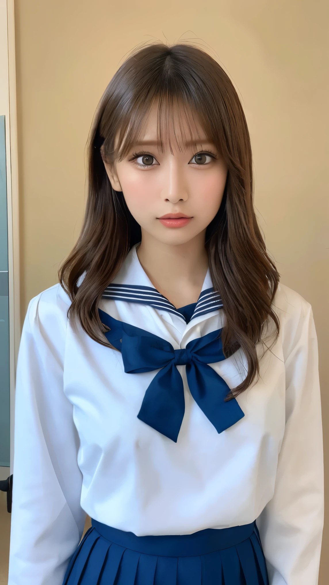 (Highest quality:1.4),(masterpiece:1.4),(Realistic:1.4),(Realistic:1.2),(超High resolution, RAW Photos:1.4),(High resolution, Very detailed:1.2),(8k:1.2),photograph,a photo of a dark-haired,One Girl,alone,tits,nipple,naked,((school uniform, Sailor suit, Navy blue and white traditional Japanese style, Fine ribbon and pleated skirt)),((Big Breasts)),((Upper Body:1.3))