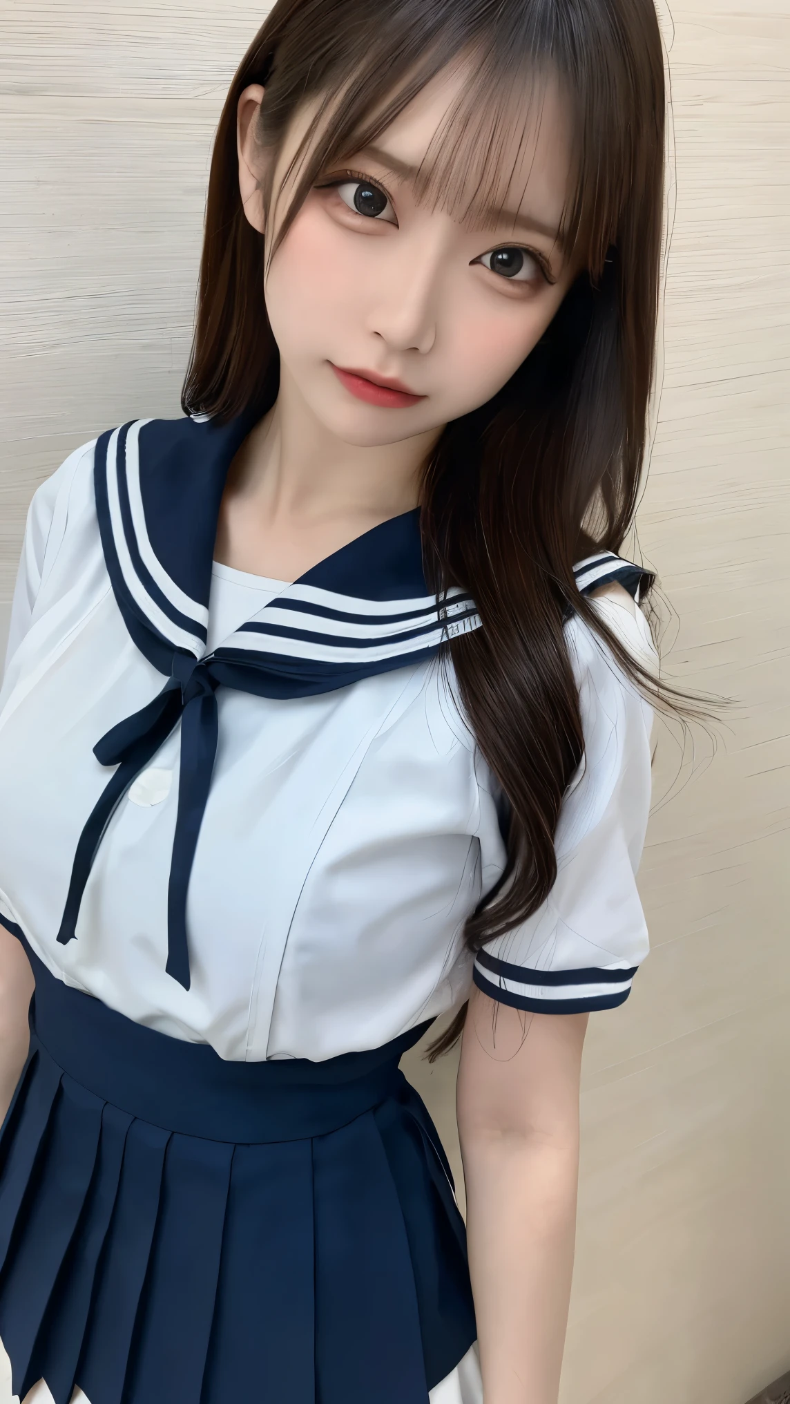 (Highest quality:1.4),(masterpiece:1.4),(Realistic:1.4),(Realistic:1.2),(超High resolution, RAW Photos:1.4),(High resolution, Very detailed:1.2),(8k:1.2),photograph,a photo of a dark-haired,One Girl,alone,tits,nipple,naked,((school uniform, Sailor suit, Navy blue and white traditional Japanese style, Fine ribbon and pleated skirt)),((Big Breasts)),((Upper Body:1.3))