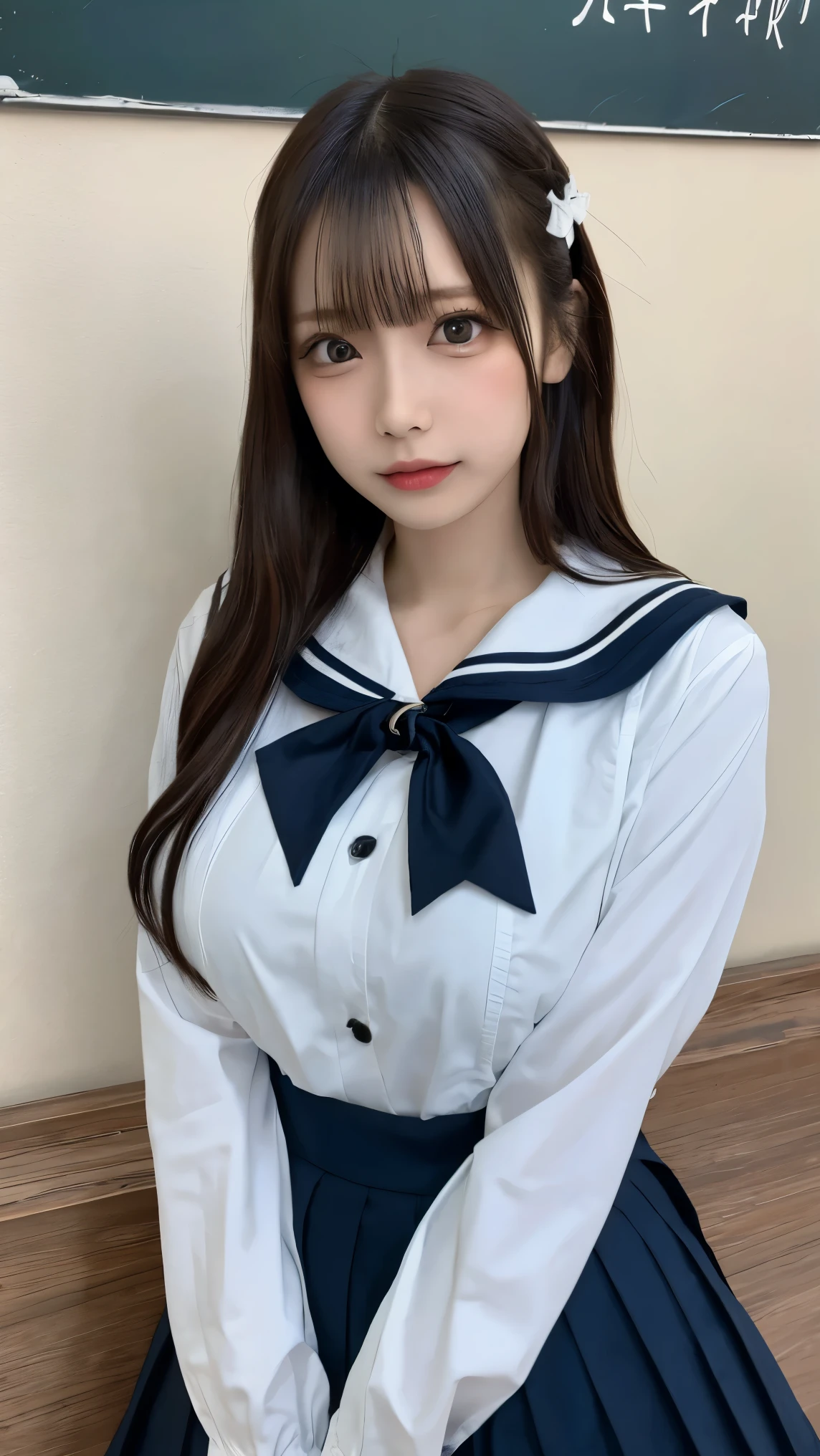 (Highest quality:1.4),(masterpiece:1.4),(Realistic:1.4),(Realistic:1.2),(超High resolution, RAW Photos:1.4),(High resolution, Very detailed:1.2),(8k:1.2),photograph,a photo of a dark-haired,One Girl,alone,tits,nipple,naked,((school uniform, Sailor suit, Navy blue and white traditional Japanese style, Fine ribbon and pleated skirt)),((Big Breasts)),((Upper Body:1.3))
