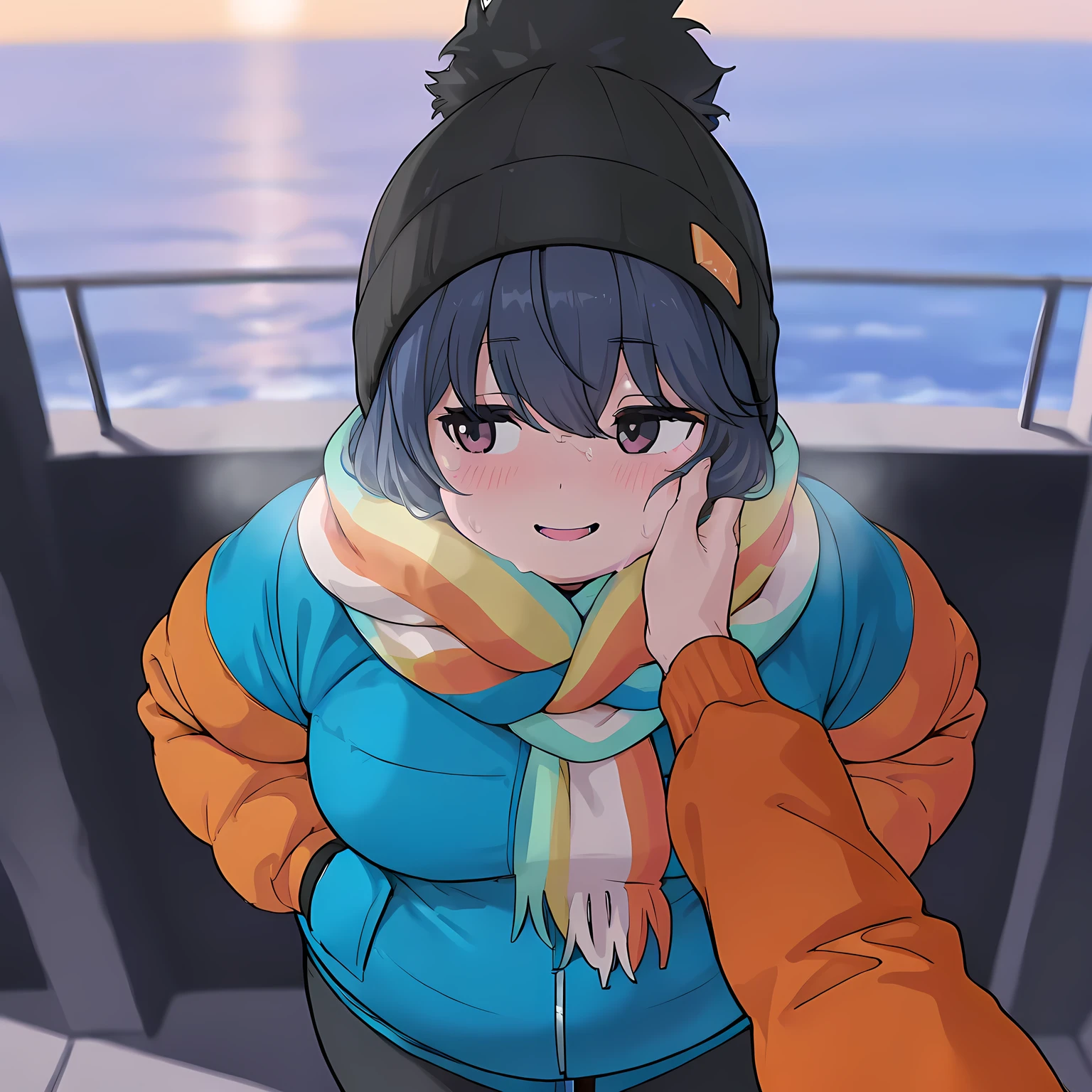 masterpiece, best quality, amazing quality, very aesthetic, absurdres, newest, bright colors, anime screencap, official style, 1girl, solo, shimarin, multicolored scarf, black beanie, standing, cyan jacket, blue jacket, orange jacket, orange sleeves, black pants, cowboy shot, outdoor, hands on pockets, smile, expressionless, ocean behind, morning, masterpiece, best quality, amazing quality, very aesthetic, absurdres, newest, bright colors swollen face, fat, chubby, obese, open mouth, out of breath, absurdres, highres icon, rating:General, confused, blush, {flustered}, nervous sweating, portrait, pov hands, hand on another's cheek, averting eyes, [looking away], straight-on, from above,  upper body, masterpiece, best quality, ultra-detailed, high resolution, 8K, 