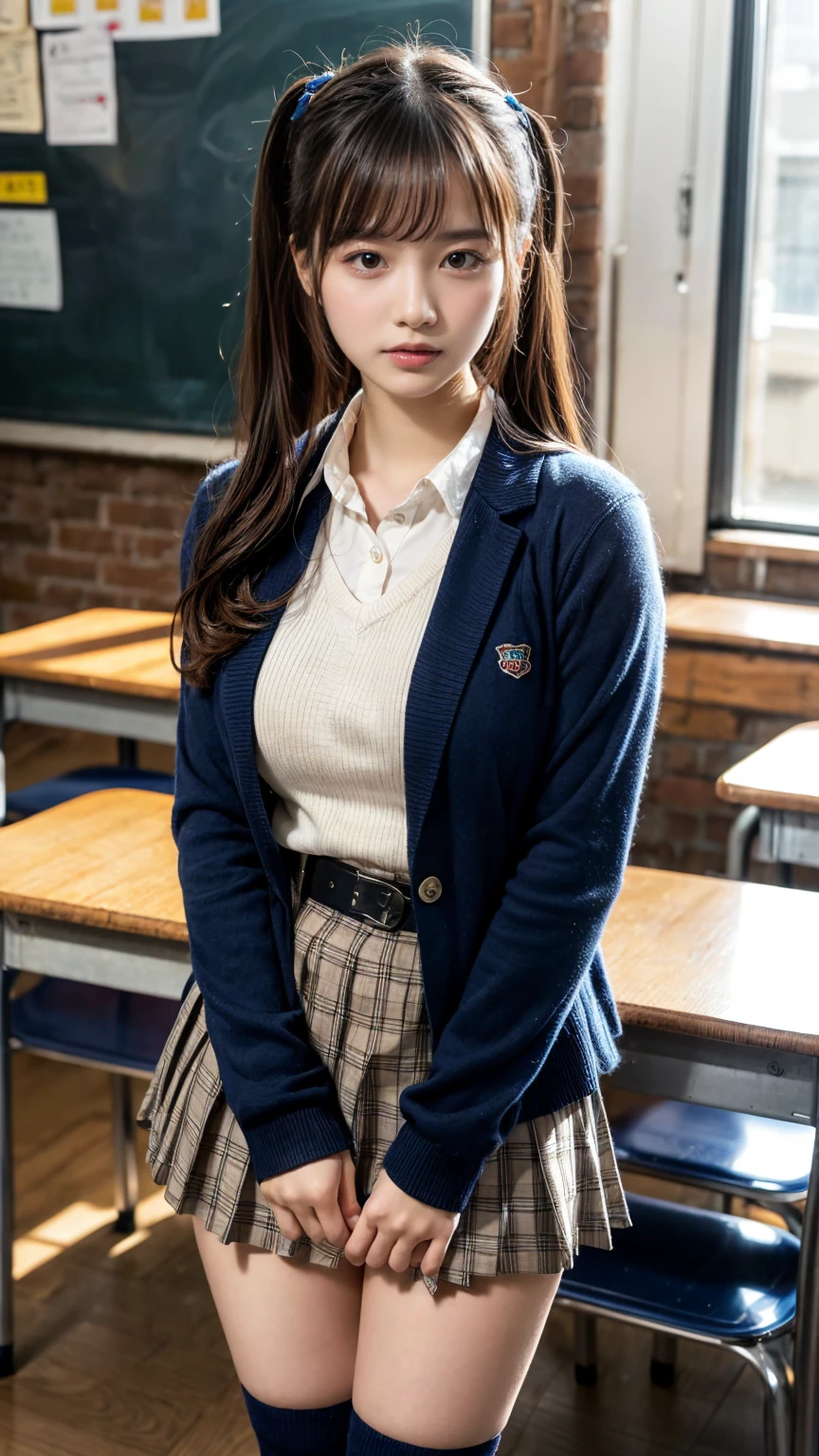 masterpiece, best quality, illustration, Super detailed, fine details, High resolution, 8K,wall paper, perfect dynamic composition,(Details High quality, realistic depiction of eyes:1.3), from side, High School Classroom、High school girl uniform、blazer 、Super Short Check Uniform Skirt、Navy blue high socks、garterbelts、Colossal tits、Disturbed uniform,  short hair, (wavy hair:1.2), black hair color, large breasts, Big Natural Color Lip, bold sexy pose, (perfect body shape), crying a little、cold gaze, Harajuku style、20 year old girl、cute type, beautiful legs, hposing Gravure Idol, Voluptuous thighs