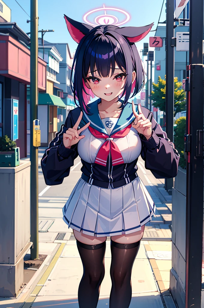 a cute solo femboy ,sexy femboy ,trap,cosplay kazusa(blue archive), kazusa, animal ears ,colored inner hair, halo ,short hair, medium breast , crossdressing a japan long sleeve sailor school uniform , short skirt ,black stocking ,wearing a sneaker ,face red and embarrassed,smile ,standing in a city at afternoon time, closeup-body .