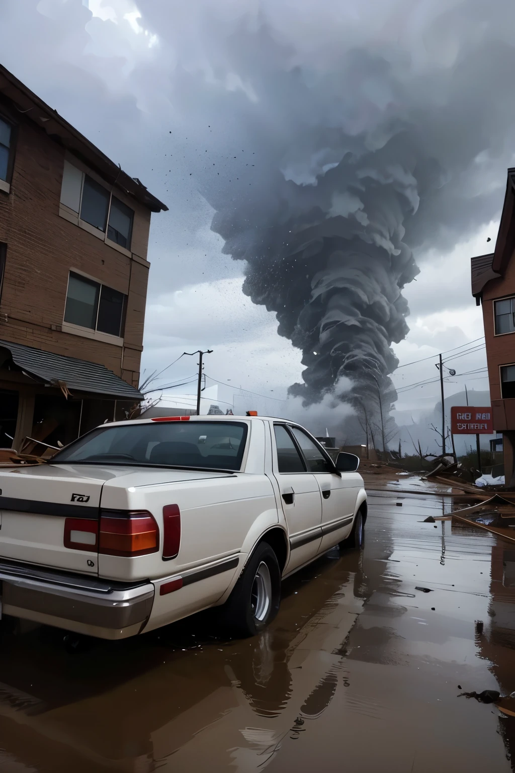 a large pyroclastic flow descends the flank of a volcanic mountain, ash clouds, dark clouds, bad weather, heavy rain, hazy, low-lying clouds, bad visibility, Japanese town, scenery in Japan, road, Toyota cars, vegitated landscape, houses, farmlands <lora:pdcxl_v2_CivitAI:1.4>