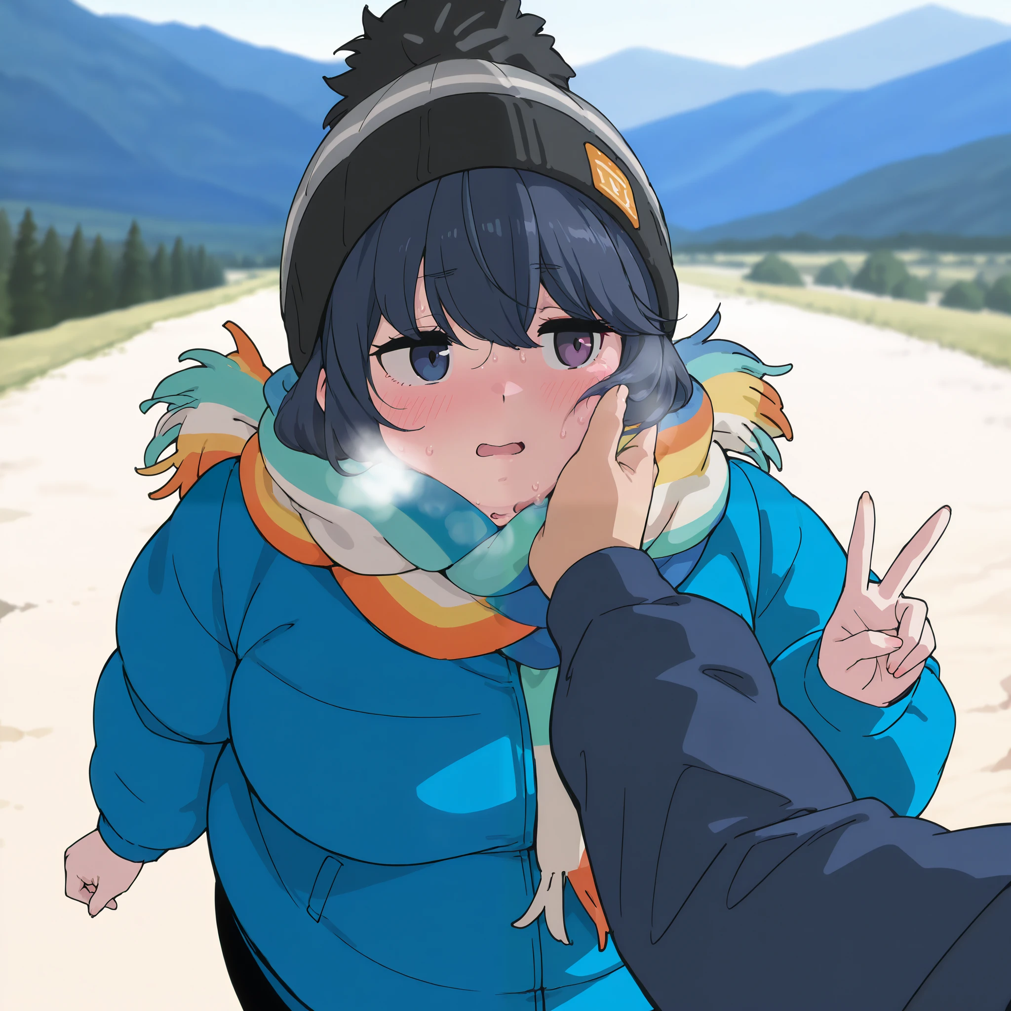 masterpiece, best quality, amazing quality, very aesthetic, absurdres, newest, bright colors, anime screencap, official style, 1girl, solo, shimarin, multicolored scarf, beanie, standing, cyan jacket, blue jacket, black pants, cowboy shot, outdoor, mountain, peace sign, hand up
masterpiece, best quality, amazing quality, very aesthetic, absurdres, newest, bright colors swollen face, fat, chubby, obese, open mouth, out of breath, absurdres, highres icon, rating:General, confused, blush, {flustered}, nervous sweating, portrait, pov hands, hand on another's cheek, averting eyes, [looking away], straight-on, from above,  upper body, masterpiece, best quality, ultra-detailed, high resolution, 8K, 