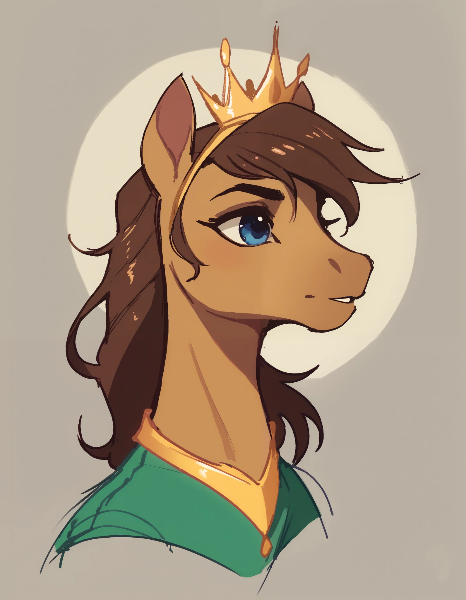 stkyswt, sketch, flat color, solo, anthropomorphic horse, 1 girl, furry female, furry horse, light brown fur, blue eyes, long snout, dark brown mane, green clothes with large yellow stripe, crown,