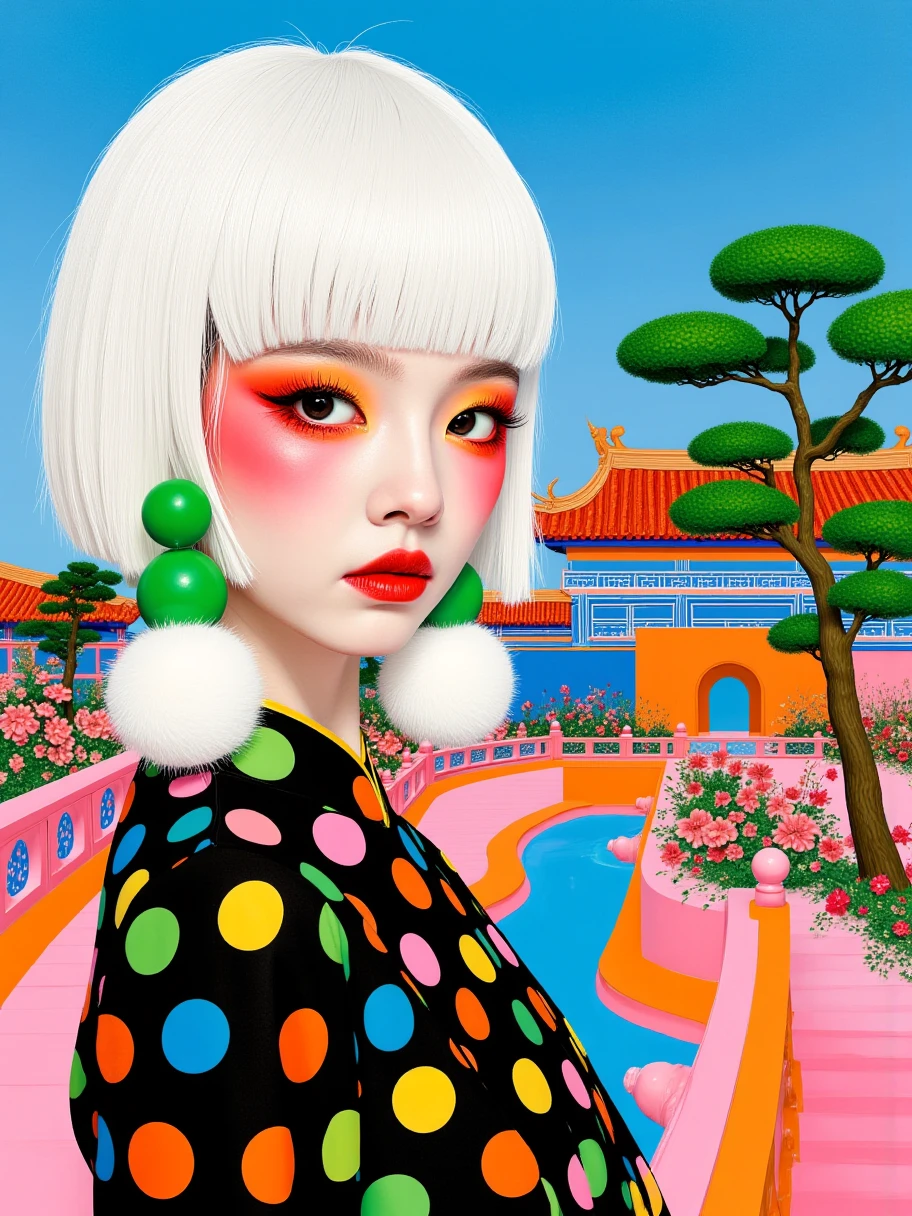 一幅Bright colors的艺术插画， A girl with full bangs and short white hair 。((( front view)))， girl wearing a black base 、 with colorful polka dots （Green、、orange color）Traditional costume 。女孩耳朵上戴着Green的球形耳环， There is a green tree trimmed into a unique shape on the right {x} There is a white furry sphere decoration on the other ear。 girl's makeup exaggerated ， brightly colored eye makeup and blush （ red和orange color）。 blue sky background。右侧有一棵修剪成独特形状的Green树木。 Girl wears green ball earrings on her ears ，建筑有蓝色和orange color的色调。建筑前有一个orange color的拱形门。 with pink and blue curved structures in the foreground and blue ， colors include pink 、 red、Green等。 The ground has a pink and blue curved structure ， may be a bridge or decoration 。 that gives a surreal and imaginative feel 。Bright colors，Strong contrast。Clean lines， graphic elements highlight 。dream、Fantasy atmosphere。 There is a traditional Asian-style building in the background 。