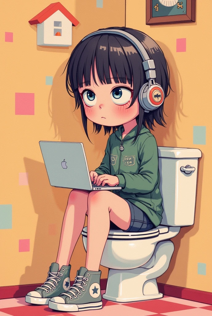  cartoon girl sitting on toilet with headphones using notebook, Digital art inspired by Yoshitomo Nara  , pixiv, Serial Art, Lo-Fi Girl, Lofi Art, Change, Low-fi art, Lofi Artstyle,  Guweiz-style artwork ,  cute detailed digital art , Electronic Girl, Electronic Girl, lofi