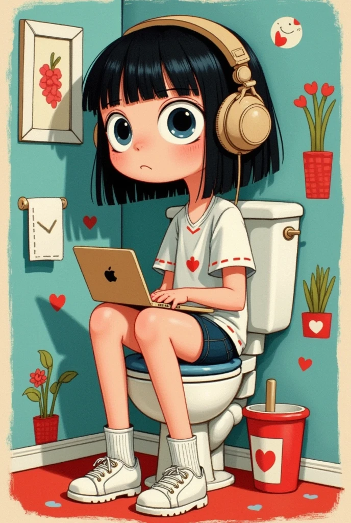  cartoon girl sitting on toilet with headphones using notebook, Lo-Fi Girl, Lofi Art, Change, Low-fi art, Lofi Artstyle,  Guweiz-style artwork ,  cute detailed digital art , Inspired by Yoshitomo Nara, Electronic Girl, Electronic Girl, lofi, Author Liam Wong , Lo-fi Hip-Hop