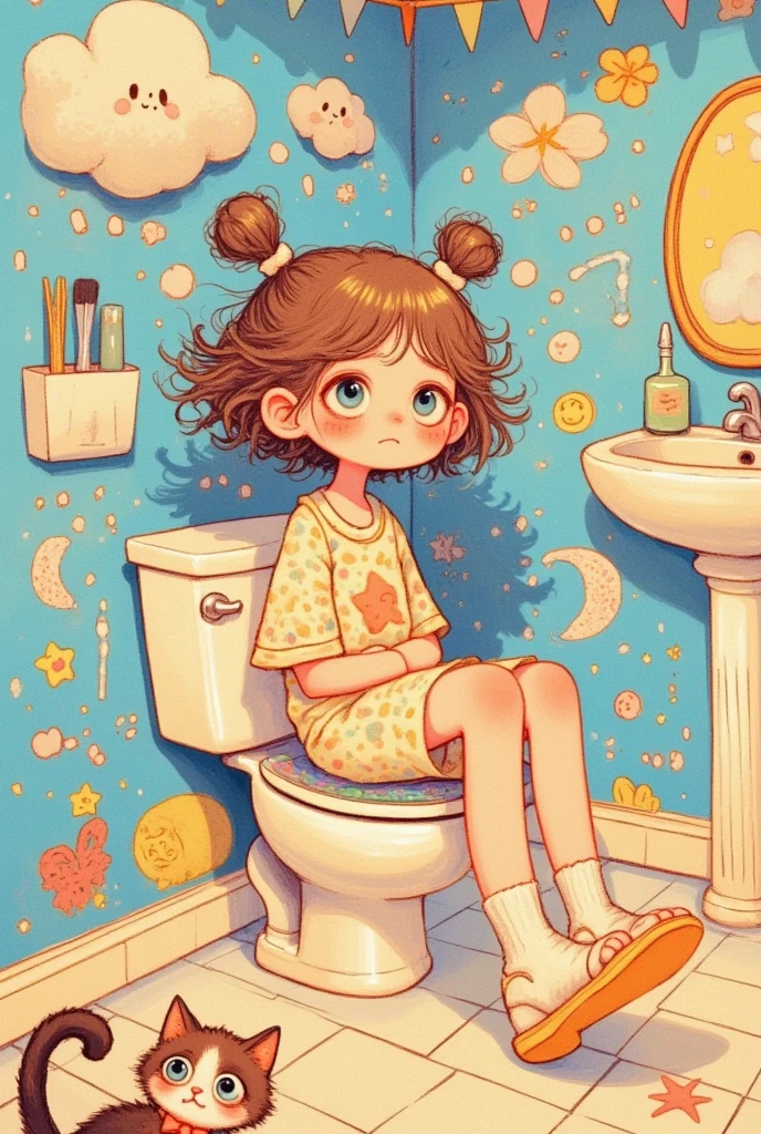 A cartoon picture，The girl on the toilet