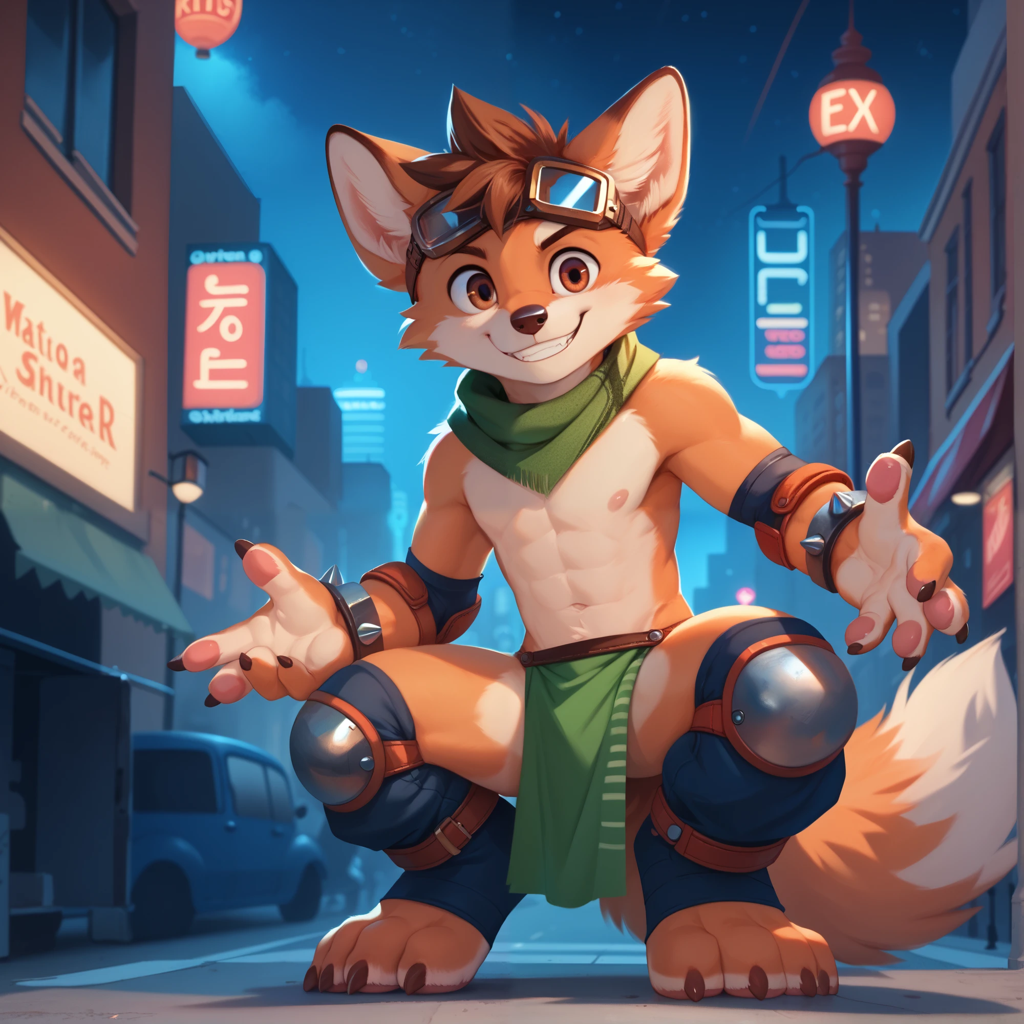 no lighting deep shadow, masterpiece, high quality, hi res, solo, young Furry, furry, young, red fox, spiked brown hair only on head, collar, brown eyes, goggles, green loincloth, green scarf, elbow pads, knee pads, masterpiece, No muscles, Detailed hands, detailed face, detailed eyes, detailed body, Flat body, Skinny, claws, high resolution, metal cuffs on wrists, metal cuffs on ankles, no shirt, no underwear, city, night, kneel, smile