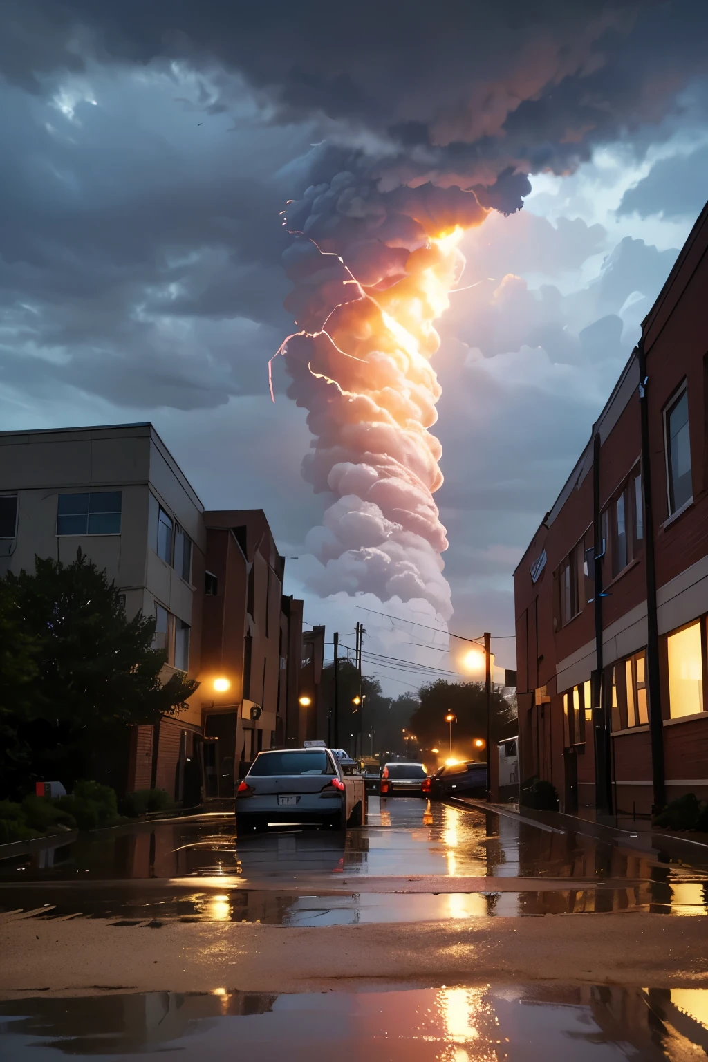 the street,raining day,one-girl,Walk on the main road,There are a lot of people on the street,There is lightning in the sky,The shops on the street were on fire,Flames