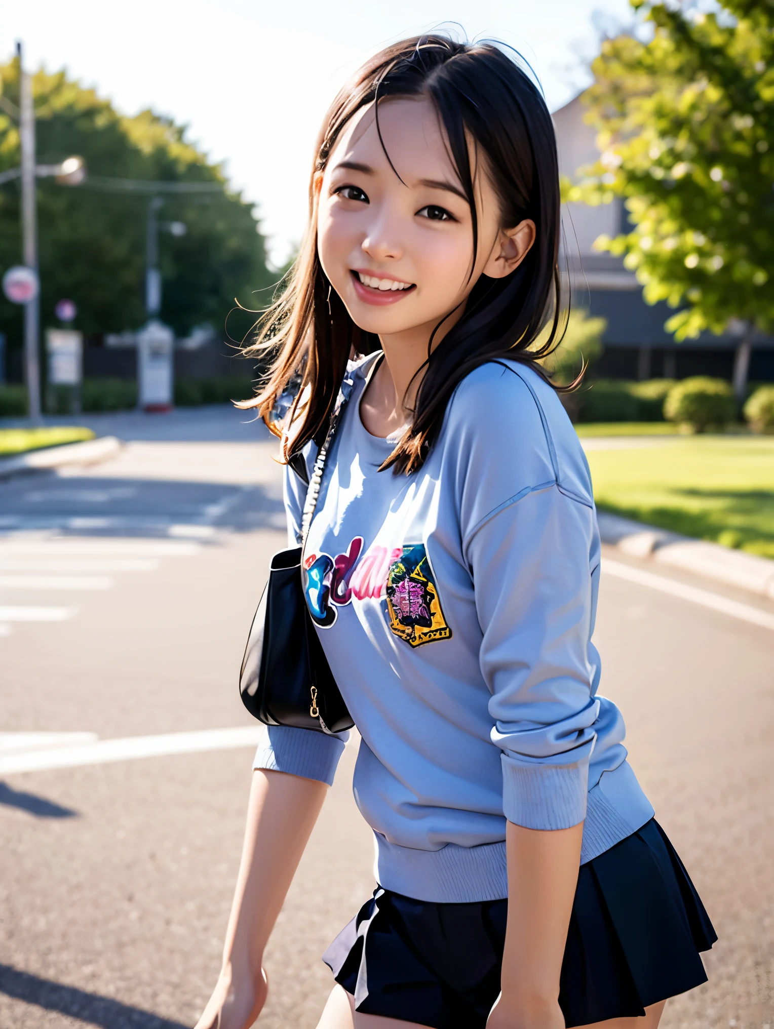 、 cute girl、A happy smile、Beautiful background,  1 girl、school gate、 open your mouth and laugh、  black hair、Clothes for girls in the 1990s