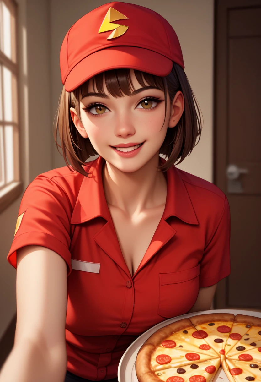 A young woman with bright brown bob-cut hair, wearing a red delivery uniform and matching cap. She is holding a pizza box, smiling confidently with sharp eyes, and slightly leaning forward as if handing over the pizza. The background is warm-lit, suggesting a welcoming apartment hallway. Perfect composition, professional quality, high resolution
Realistic facial features, perfect lighting, perfect contrast, perfect setting
Masterpiece, perfect atmosphere, natural pose, warm and welcoming tone

