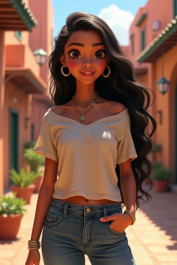  Moana with lighter skin in Morocco .  Dressed in jeans and sweatshirt or T-shirt but you can't see her belly button. She is a teenage  